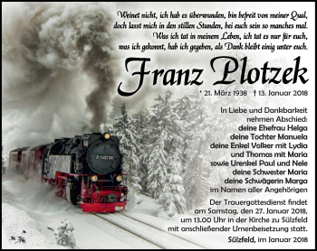 Traueranzeige von Franz Plotzek von Südthüringer Presse