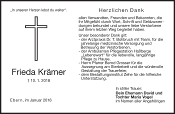 Traueranzeige von Frieda Krämer von Neue Presse Coburg