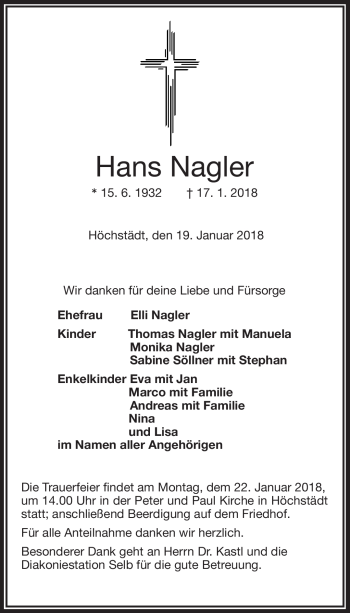 Traueranzeige von Hans Nagler von Frankenpost