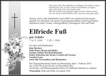 Traueranzeige von Elfriede Fuß von Südthüringer Presse