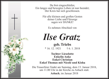 Traueranzeige von Ilse Gratz von Südthüringer Presse