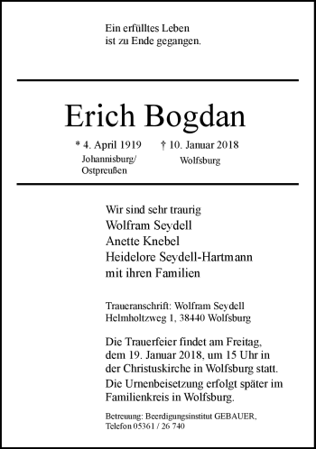 Traueranzeige von Erich Bogdan von Frankenpost