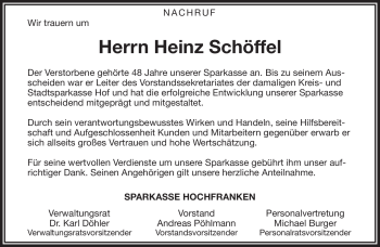 Traueranzeige von Heinz Schöffel von Frankenpost