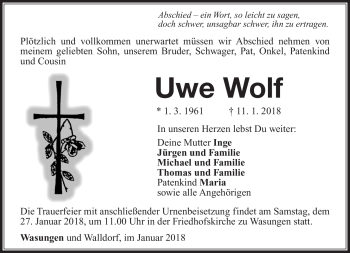 Traueranzeige von Uwe Wolf von Südthüringer Presse