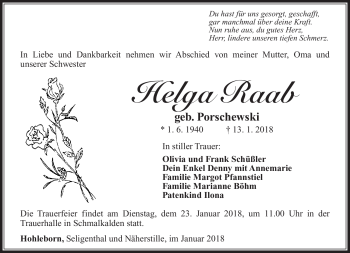 Traueranzeige von Helga Raab von Südthüringer Presse