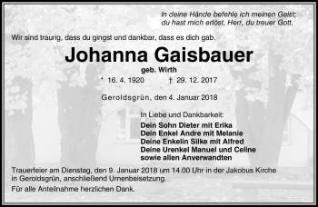 Traueranzeige von Johanna Gaisbauer von Frankenpost