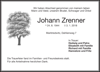 Traueranzeige von Johann Zrenner von Frankenpost