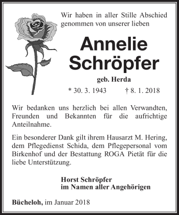 Traueranzeige von Annelie Schröpfer von Südthüringer Presse