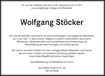Traueranzeige von Wolfgang Stöcker von Frankenpost