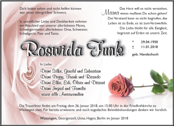 Traueranzeige von Roswida Funk von Südthüringer Presse