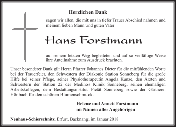 Traueranzeige von Hans Forstmann von Südthüringer Presse