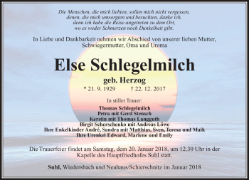 Traueranzeige von Else Schlegelmilch von Südthüringer Presse