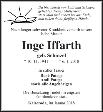 Traueranzeige von Inge Iffarth von Südthüringer Presse