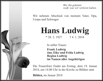 Traueranzeige von Hans Ludwig von Südthüringer Presse