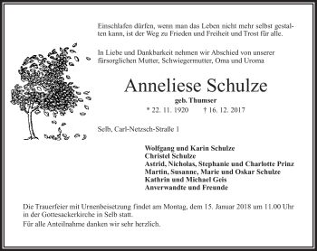 Traueranzeige von Anneliese Schulze von Frankenpost