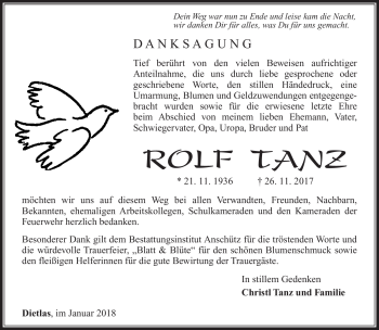 Traueranzeige von Rolf Tanz von Südthüringer Presse