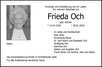 Traueranzeige von Frieda Och von Neue Presse Coburg