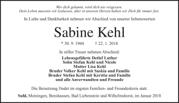 Traueranzeige von Sabine Kehl von Südthüringer Presse