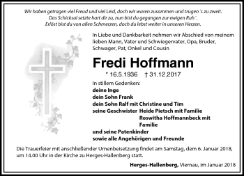 Traueranzeige von Fredi Hoffmann von Südthüringer Presse