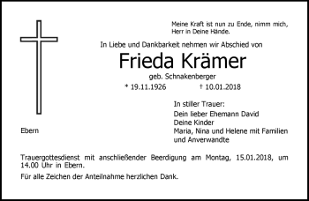 Traueranzeige von Frieda Krämer von Neue Presse Coburg