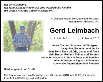 Traueranzeige von Gerd Leimbach von Südthüringer Presse