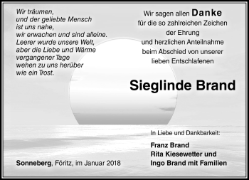Traueranzeige von Seiglinde Brand von Südthüringer Presse