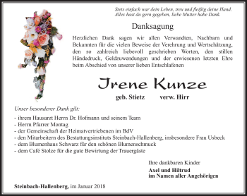Traueranzeige von Irene Kunze von Südthüringer Presse
