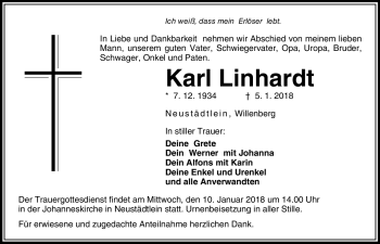 Traueranzeige von Karl Linhardt von Nordbayrischer Kurier