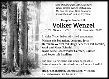 Traueranzeige von Volker Wenzel von Südthüringer Presse