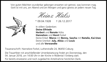 Traueranzeige von Heinz Hülss von Neue Presse Coburg