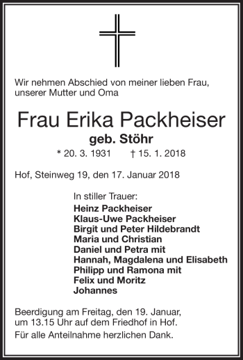 Traueranzeige von Erika Packheiser von Frankenpost
