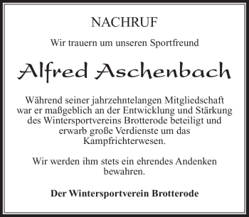 Traueranzeige von Alfred Aschenbach von Südthüringer Presse