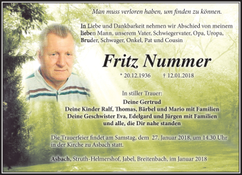 Traueranzeige von Fritz Nummer von Südthüringer Presse