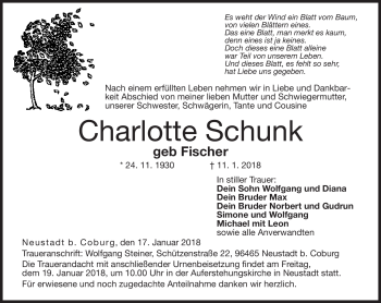 Traueranzeige von Charlotte Schunk von Neue Presse Coburg
