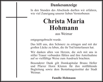 Traueranzeige von Christa Maria Hohmann von Südthüringer Presse