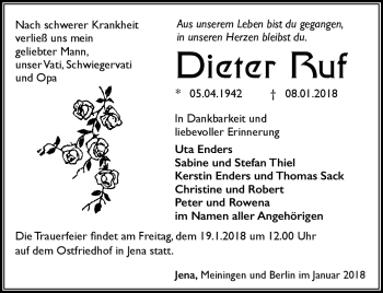 Traueranzeige von Dieter Ruf von Südthüringer Presse