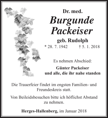 Traueranzeige von Burgunde Packeiser von Südthüringer Presse
