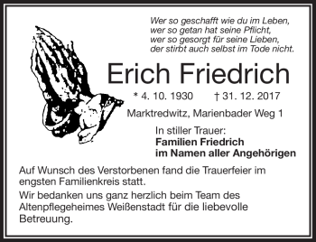 Traueranzeige von Erich Friedrich von Frankenpost