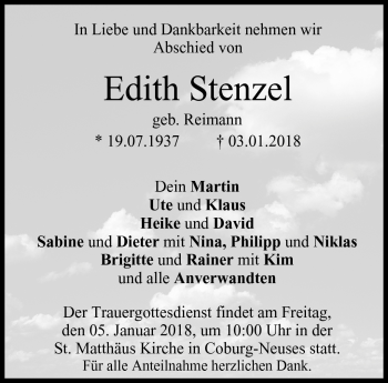 Traueranzeige von Edith Stenzel von Neue Presse Coburg