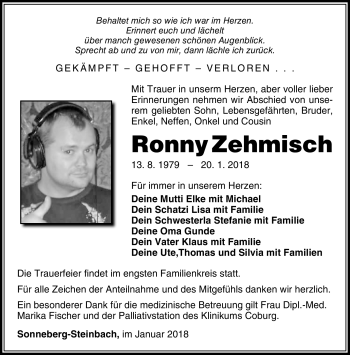 Traueranzeige von Ronny Zehmisch von Südthüringer Presse
