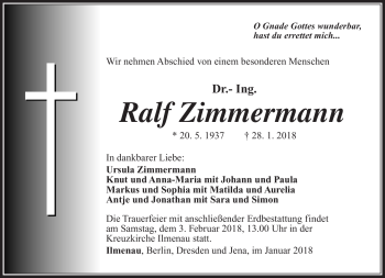 Traueranzeige von Ralf Zimmermann von Südthüringer Presse