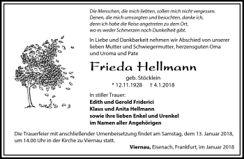 Traueranzeige von Frieda Hellmann von Südthüringer Presse