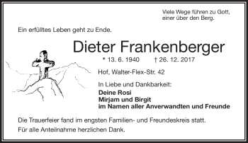 Traueranzeige von Dieter Frankenberger von Frankenpost