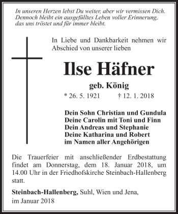 Traueranzeige von Ilse Häfner von Südthüringer Presse