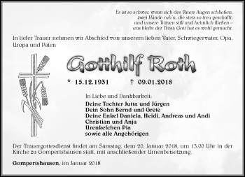 Traueranzeige von Gotthilf Roth von Südthüringer Presse