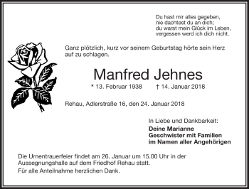 Traueranzeige von Manfred Jehnes von Frankenpost