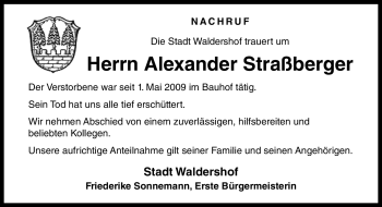 Traueranzeige von Alexander Straßberger von Frankenpost