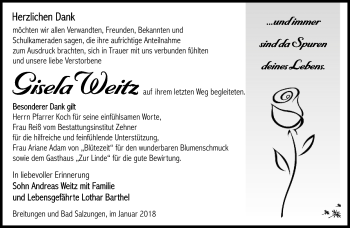 Traueranzeige von Gisela Weitz von Südthüringer Presse