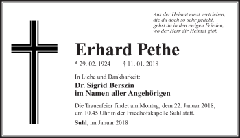 Traueranzeige von Erhard Pethe von Südthüringer Presse