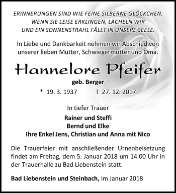 Traueranzeige von Hannelore Pfeifer von Südthüringer Presse
